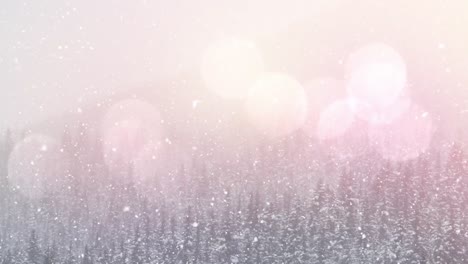 digital animation of spots of light against snow falling on winter landscape with mountains and tree