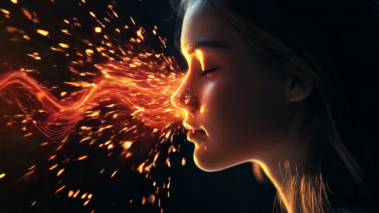 Woman with red glowing energy around face. A portrait of a woman with glowing red energy waves surrounding her face