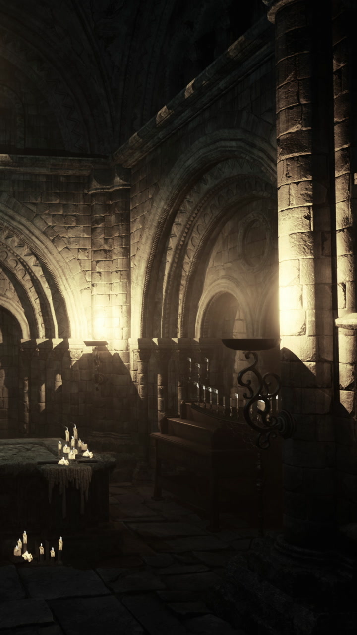 Medieval stone hall with candles and shadows in a dark setting