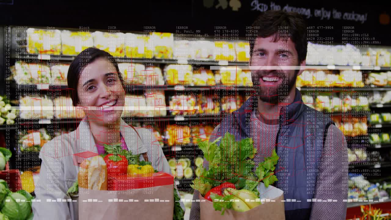 Couple shoppers holding bags in aisle talking, glitch overlay appearing over them showing retail