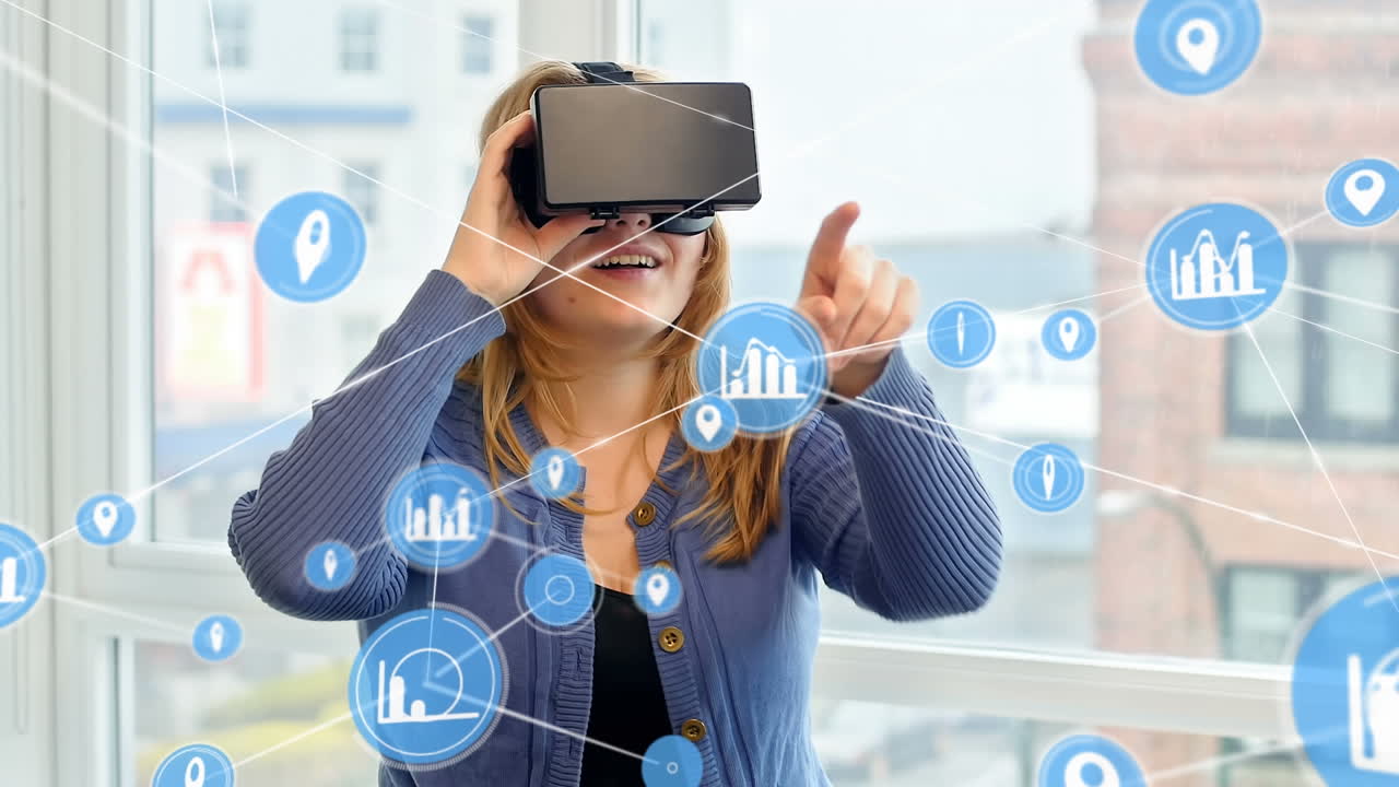 animación de la red de conexiones con iconos sobre la mujer que usa auriculares vr