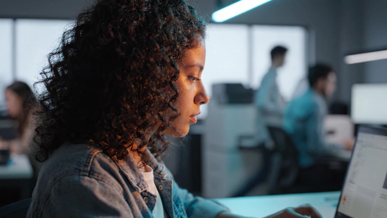 Focused young woman working on a laptop in a modern office environment, showcasing concentration and productivity in a tech-driven workspace.