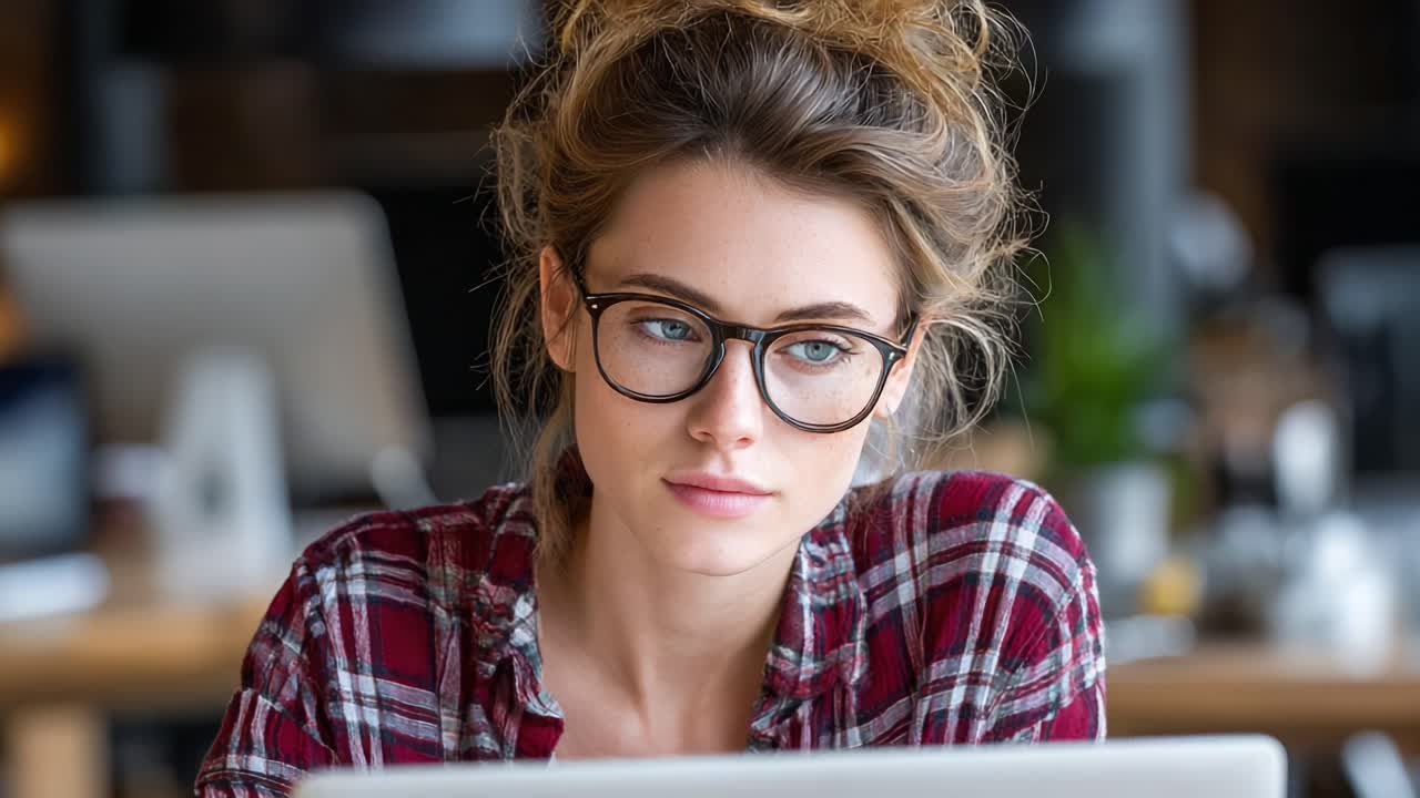 Focused Young Woman with Glasses Engaged in Thoughtful Reflection While Working on Laptop in a Cozy, Modern Workspace Filled with Natural Light