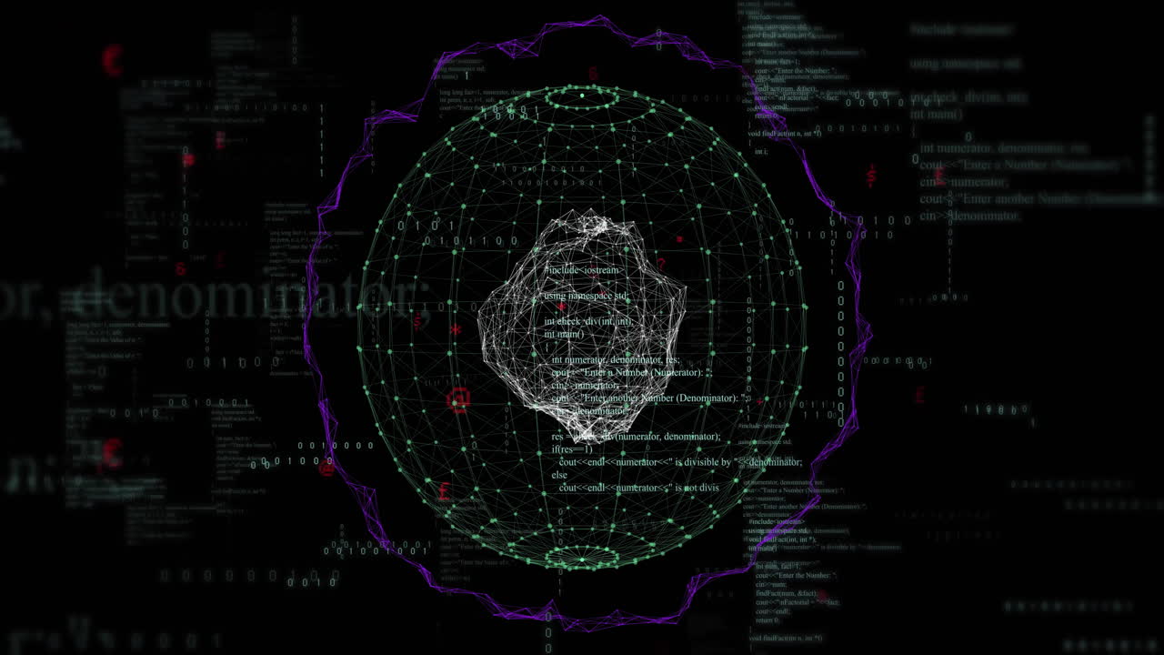 animación de procesamiento de datos y red global girando sobre fondo negro