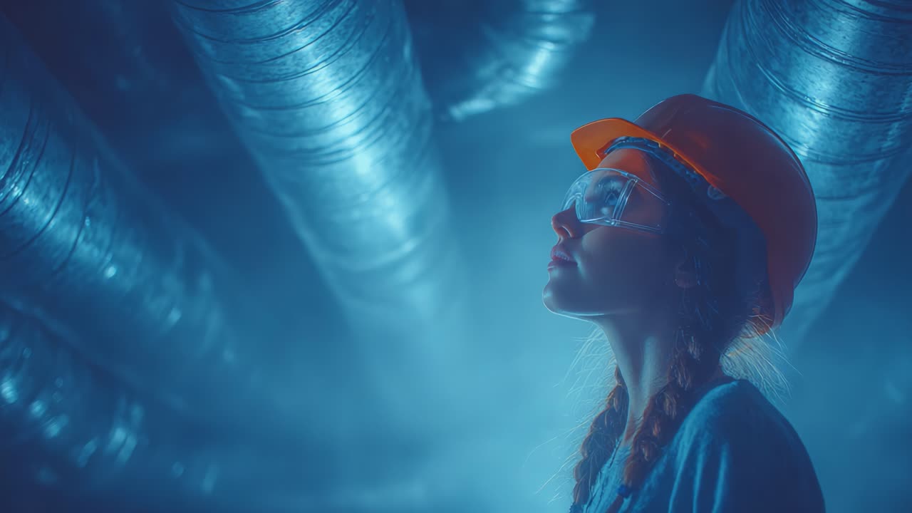 Young Female Worker with Protective Gear in Industrial Setting, Gazing Upwards Amidst Ventilation Pipes in Dim Light Conditions, Emphasizing Safety and Professionalism