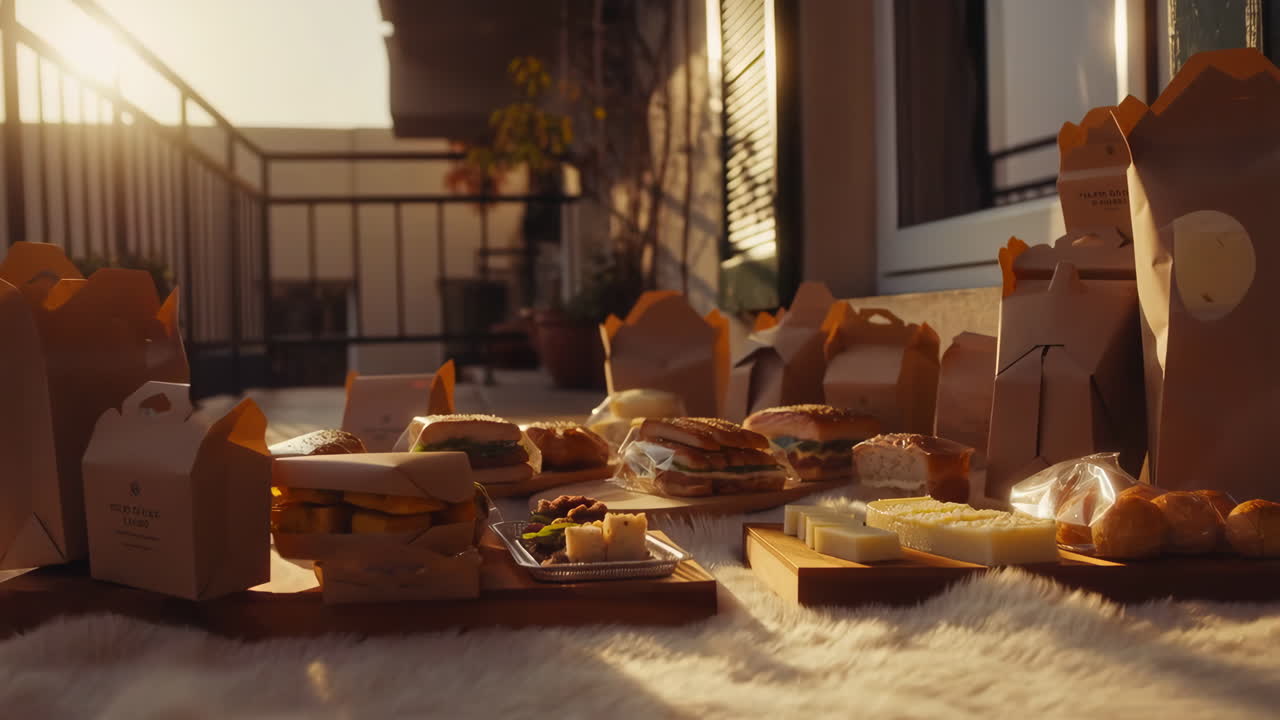 A variety of takeout food items laid out on a balcony during golden hour