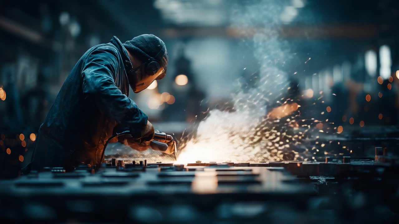 A Skilled Metalworker Engaged in Precision Cutting, Masterfully Creating Sparks and Smoke in a Dimly Lit Industrial Workshop Environment