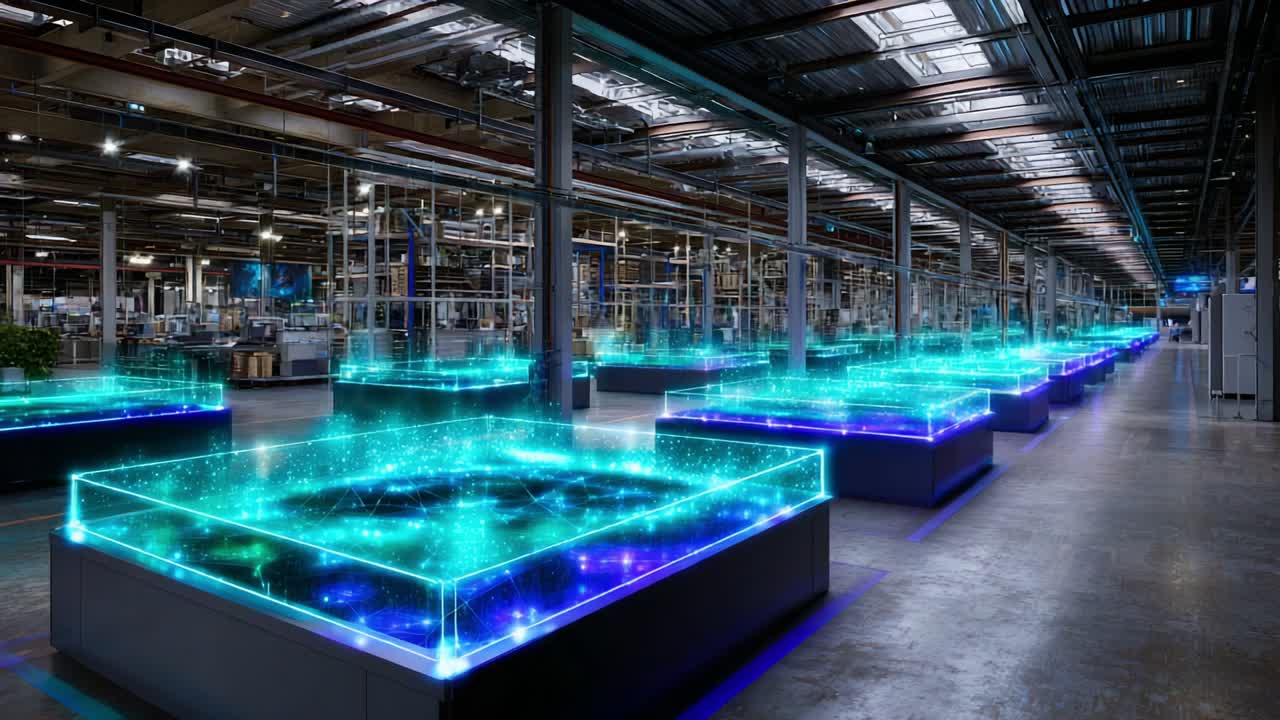 Futuristic Industrial Space Featuring Illuminated Holographic Displays in an Expansive Facility with Advanced Technology and Stunning Visual Effects, Showcasing Cutting-Edge Innovations and Design Concepts