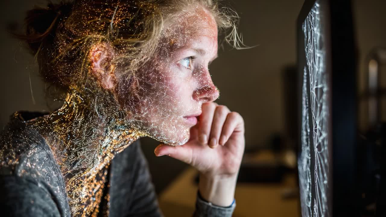 A Contemplative Moment: Engaging with Digital Realities, an Expression of Focus and Intrigue as a Subject Interacts with Her Reflective Computer Screen