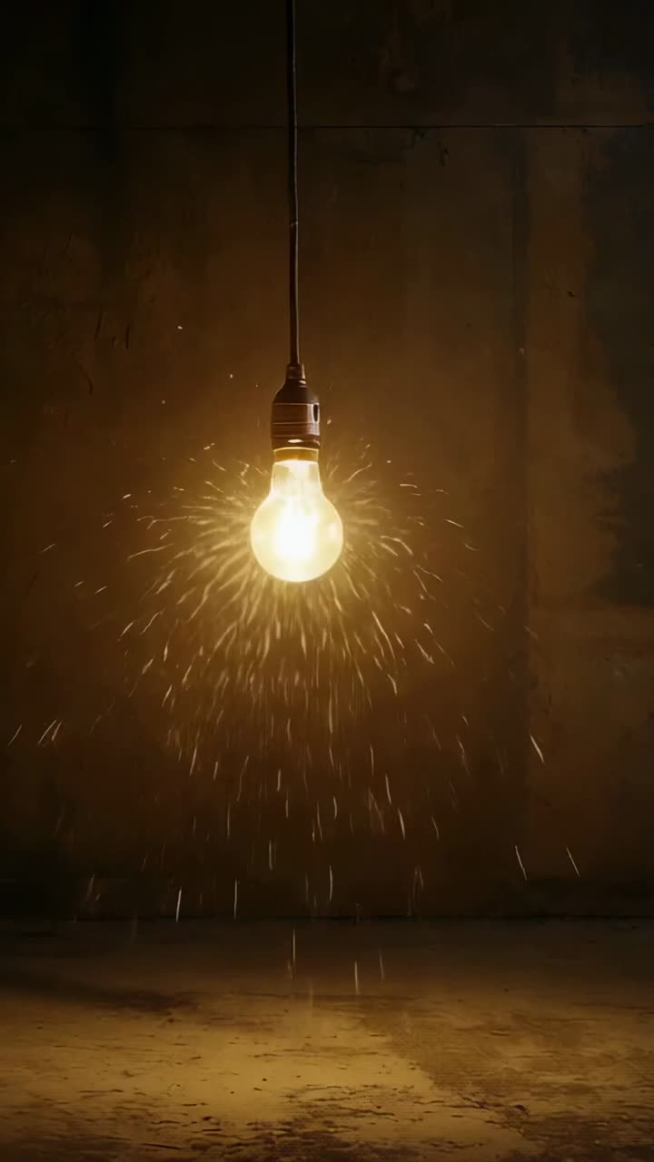 Vertical video: Powering light bulb brightening in concrete room, floor glowing and embers falling