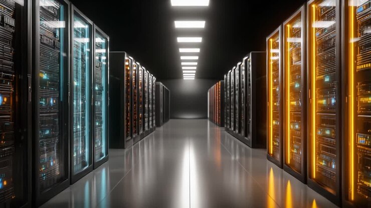 Et imponerende udvalg af højteknologiske datalagringsløsninger i et oplyst serverrum, der viser kølige farver midt i et slankt, moderne designmiljø.