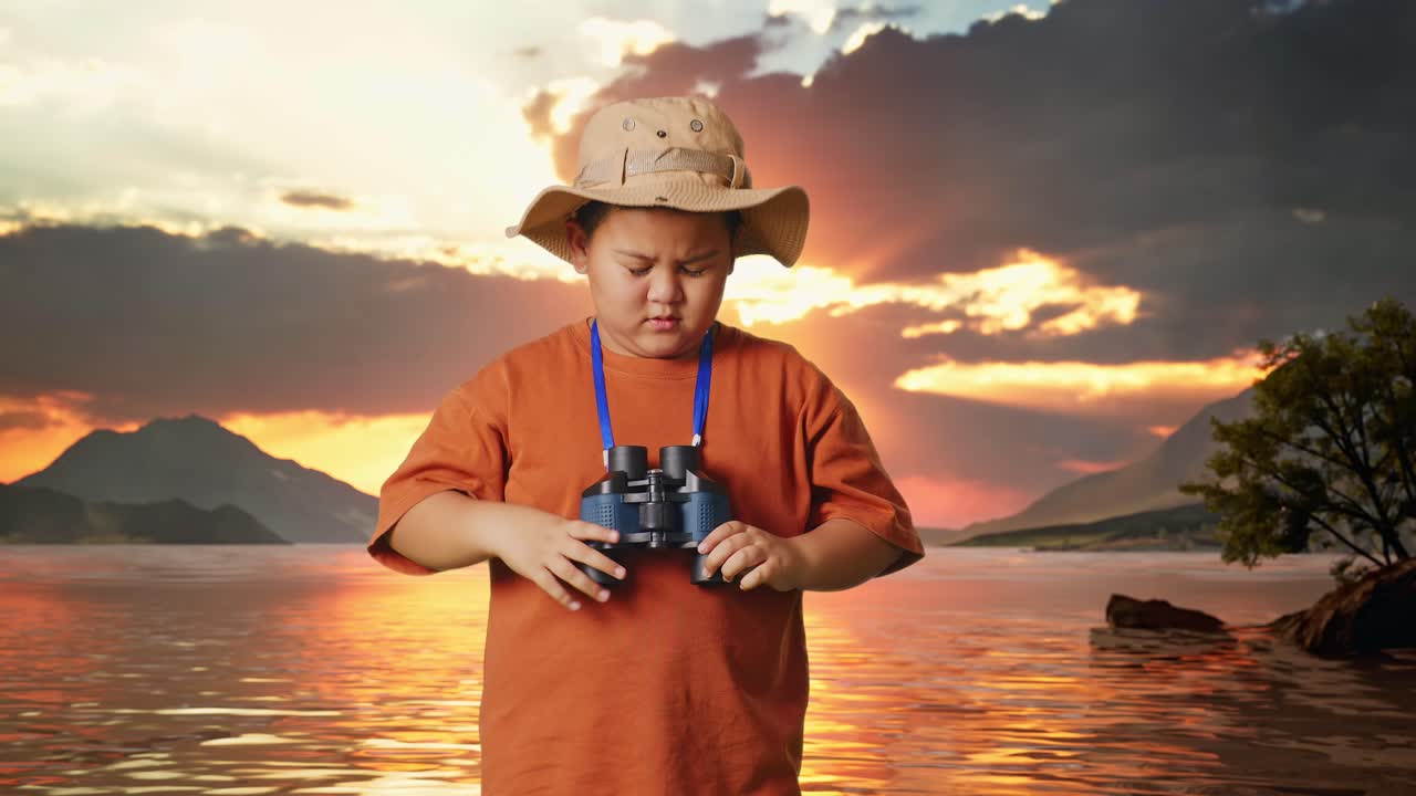 Asian Boy With A Hat Having A Headache After Looking Through The Binoculars. Boy Researcher Examines Something At A Lake, Travel Tourism Adventure Concept