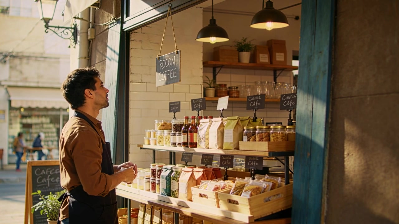 Notando un cartello, una barista con maglietta marrone e grembiule nero sistema il cartello ROCON nel negozio, controllando gli scaffali.