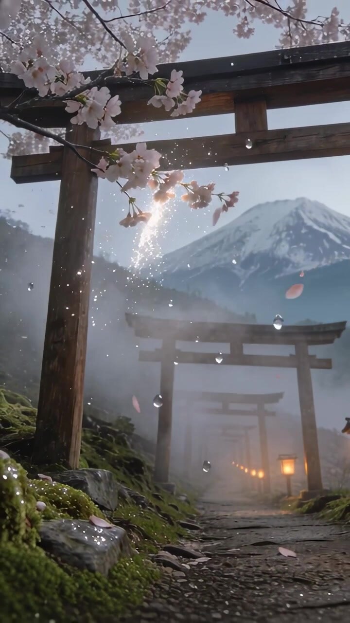 Video verticale: Movimento di camera che rivela un portale torii con fiori di ciliegio su un sentiero muschioso, con rugiada visibile