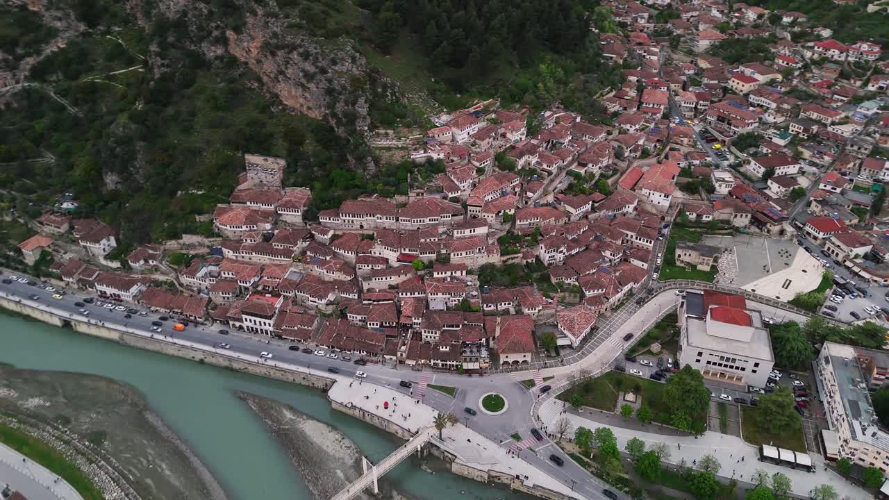 Aerial view of Berat, Albania's historic and scenic cityscape
