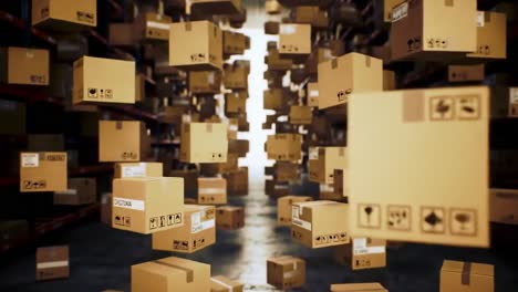 in a bustling warehouse, numerous packages hover mid-air, showcasing the innovative use of technology in supply chain operations.
