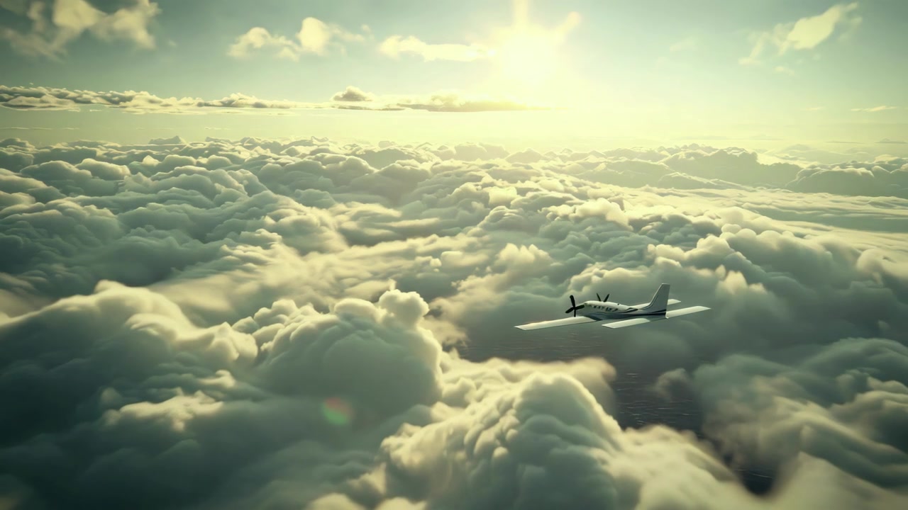 Aereo a elica che vola sopra nuvole dorate con un sole splendente