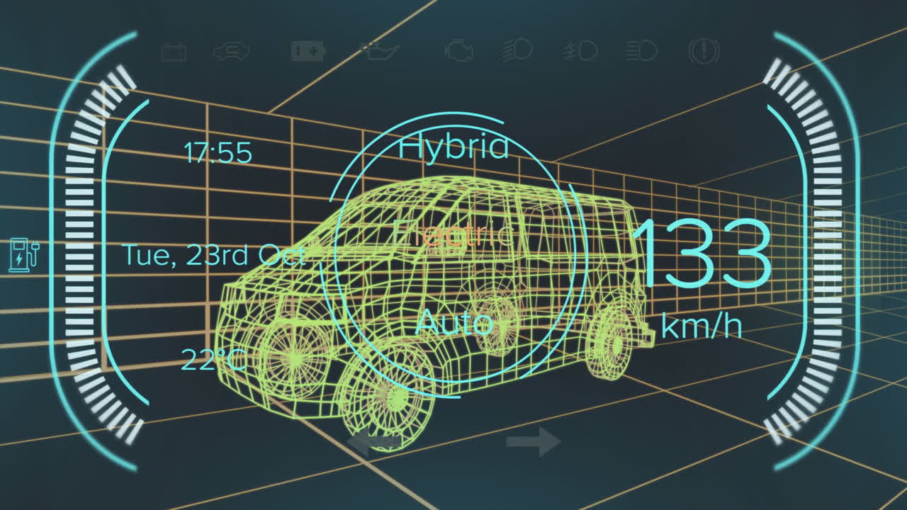 하이브리드 차량 인터페이스의 속도계 및 전력 상태 데이터의 애니메이션, 3d 밴 모델 이상