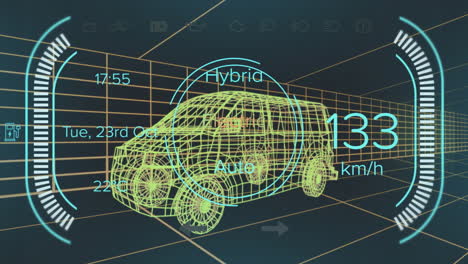 animación de los datos del velocímetro y del estado de la potencia en la interfaz del vehículo híbrido, en el modelo de furgoneta 3d