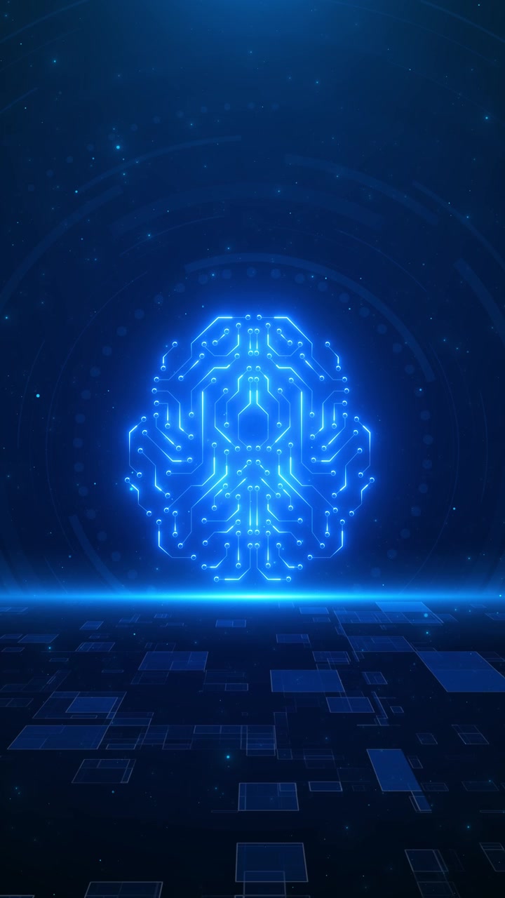Artificial intelligence neural brain blue circuit lines glowing tech structure digital floor space