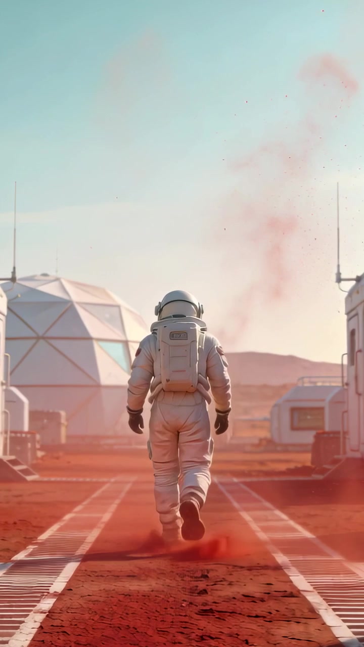 Video verticale: Astronauta con tuta spaziale che solleva polvere cammina su un sentiero a griglia tra i moduli verso le colline.