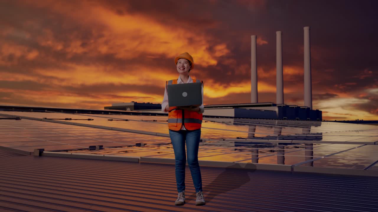 Full Body Of Asian Female Engineer With Safety Helmet Working On A Laptop And Looking Around While Standing, Inspecting Solar Panels on Rooftop at Sunset
