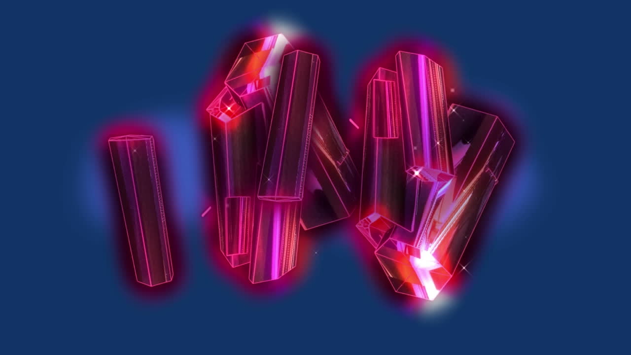 animación de bloques rosados metálicos sobre un fondo azul.