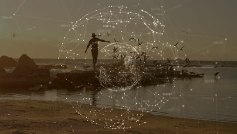 network of connections and data processing animation over person near ocean