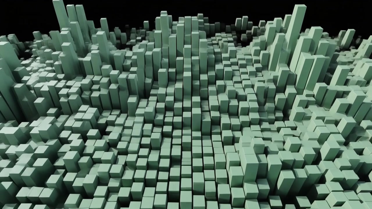 Abstract Animation of Rising and Falling Green Cubes on Black Background