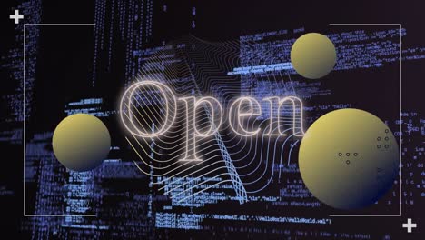 animation of open text, yellow spheres and parallel curves over data processing
