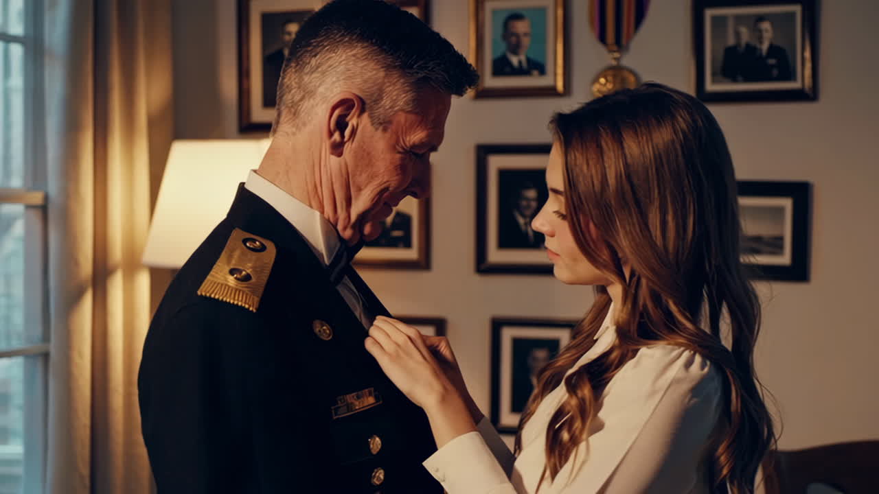 A woman adjusts a military officer's uniform