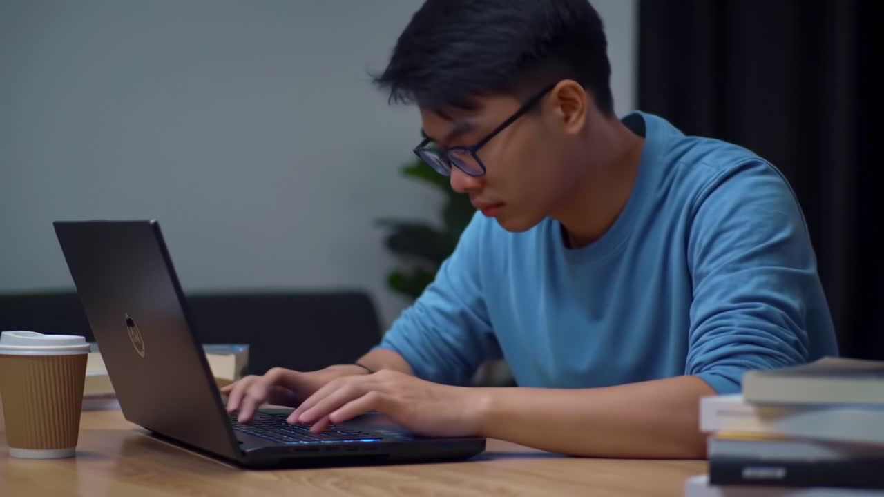 Focused Individual Engaged in Work on a Laptop at a Table Surrounded by Books and Coffee, Embodying Productivity and Study Habits in a Cozy Environment