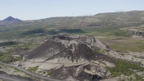 flying up and looking down into the volcanic crater for gradbrok crater in iceland