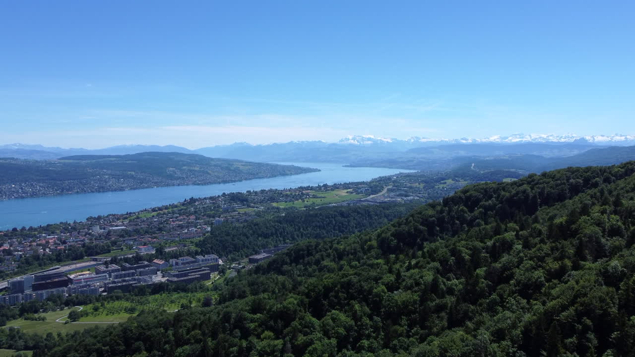 Uetliberg Lush Mountain Overlooking Lake Zurich, Switzerland. Aerial Drone Shot