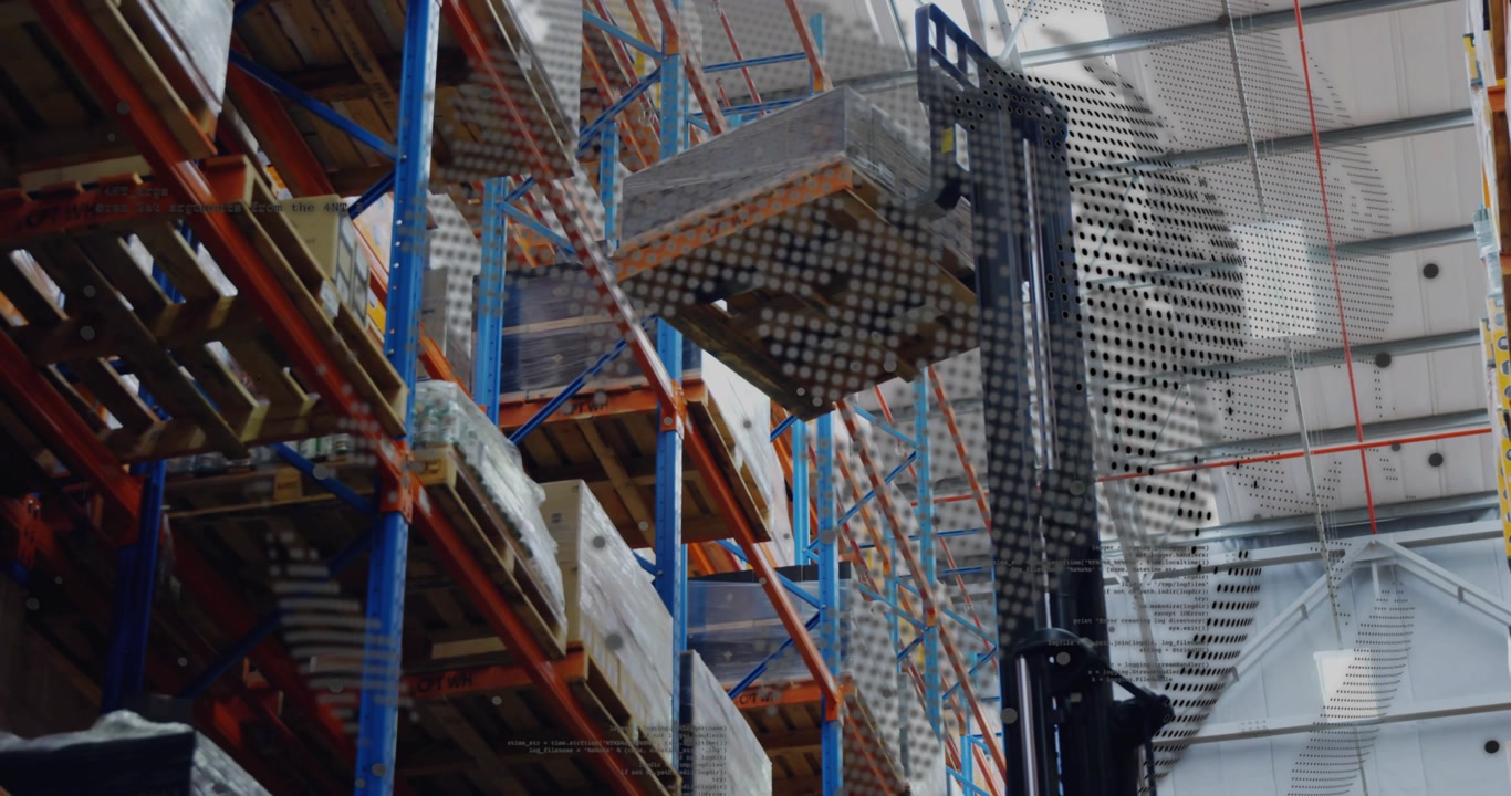 Forklift entering bottom right and scanning dotted overlay, aligning and lifting pallet off rack