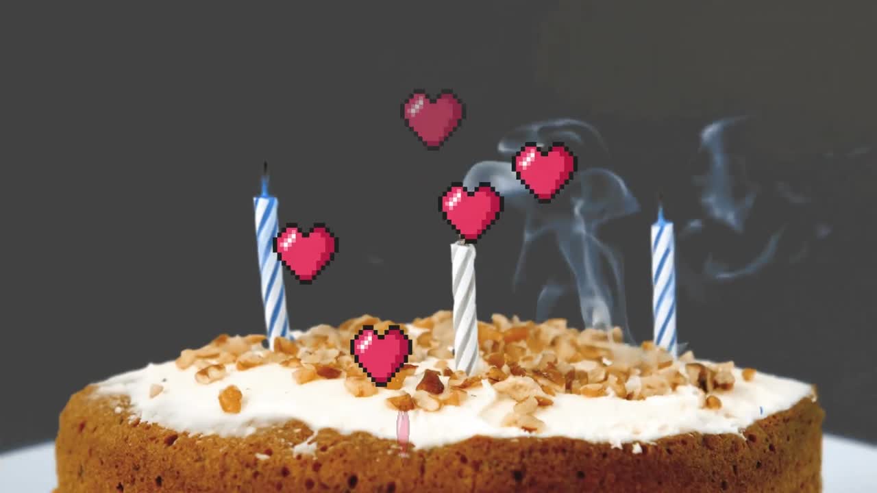 animación de corazones flotando sobre el pastel de cumpleaños