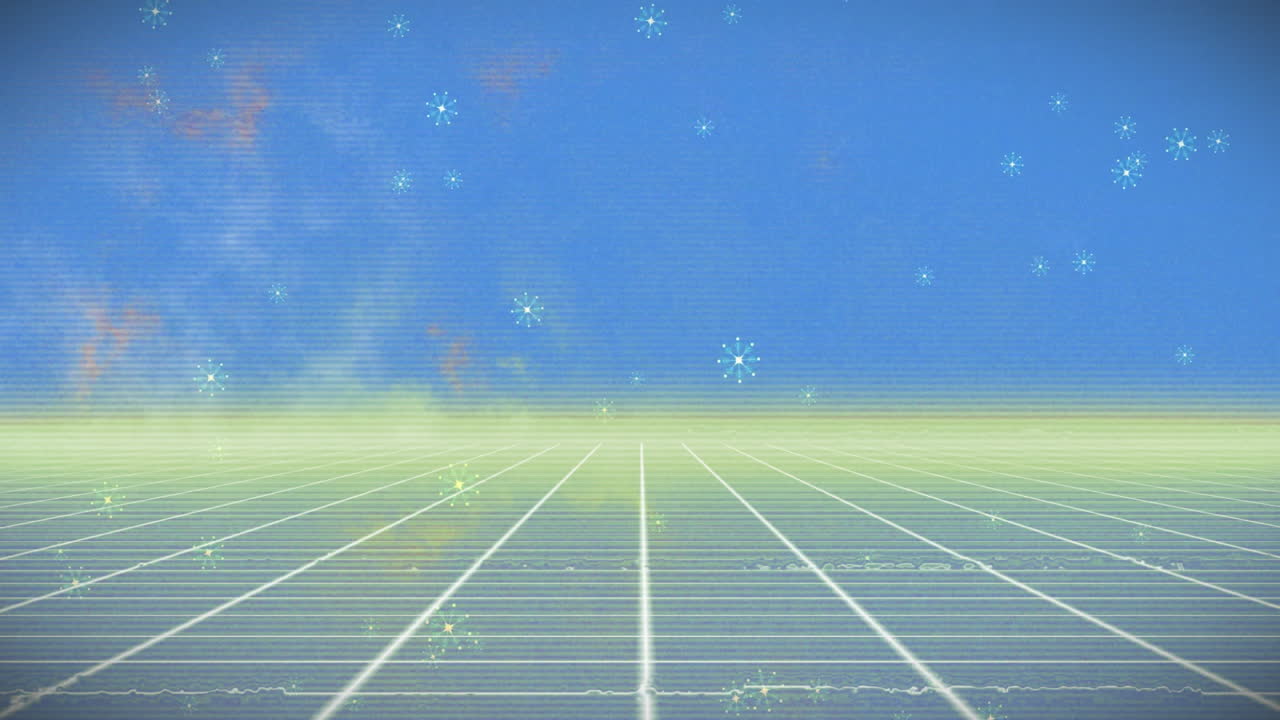 Glowing stars in blue sky above retro futuristic grid animation landscape