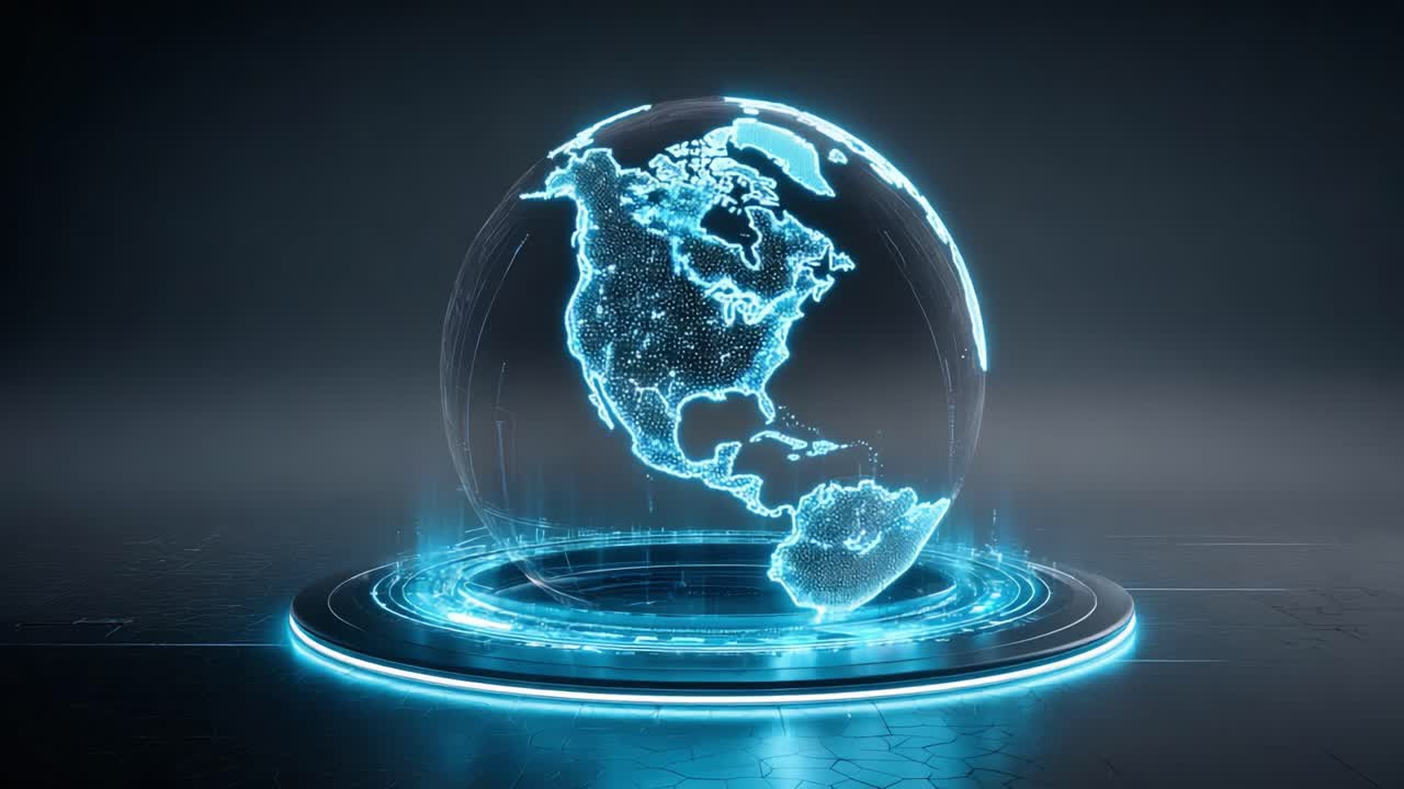 A Stunning Futuristic Representation of a Holographic Globe Displaying North and South America, Showcased in a High-Tech Environment with Illuminated Features