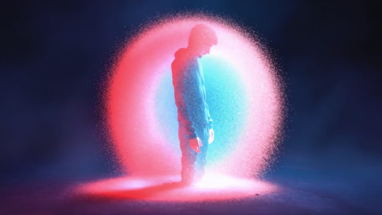 A striking visual representation of a solitary figure immersed in vibrant colors and particles, evoking themes of isolation and transformation in an abstract environment