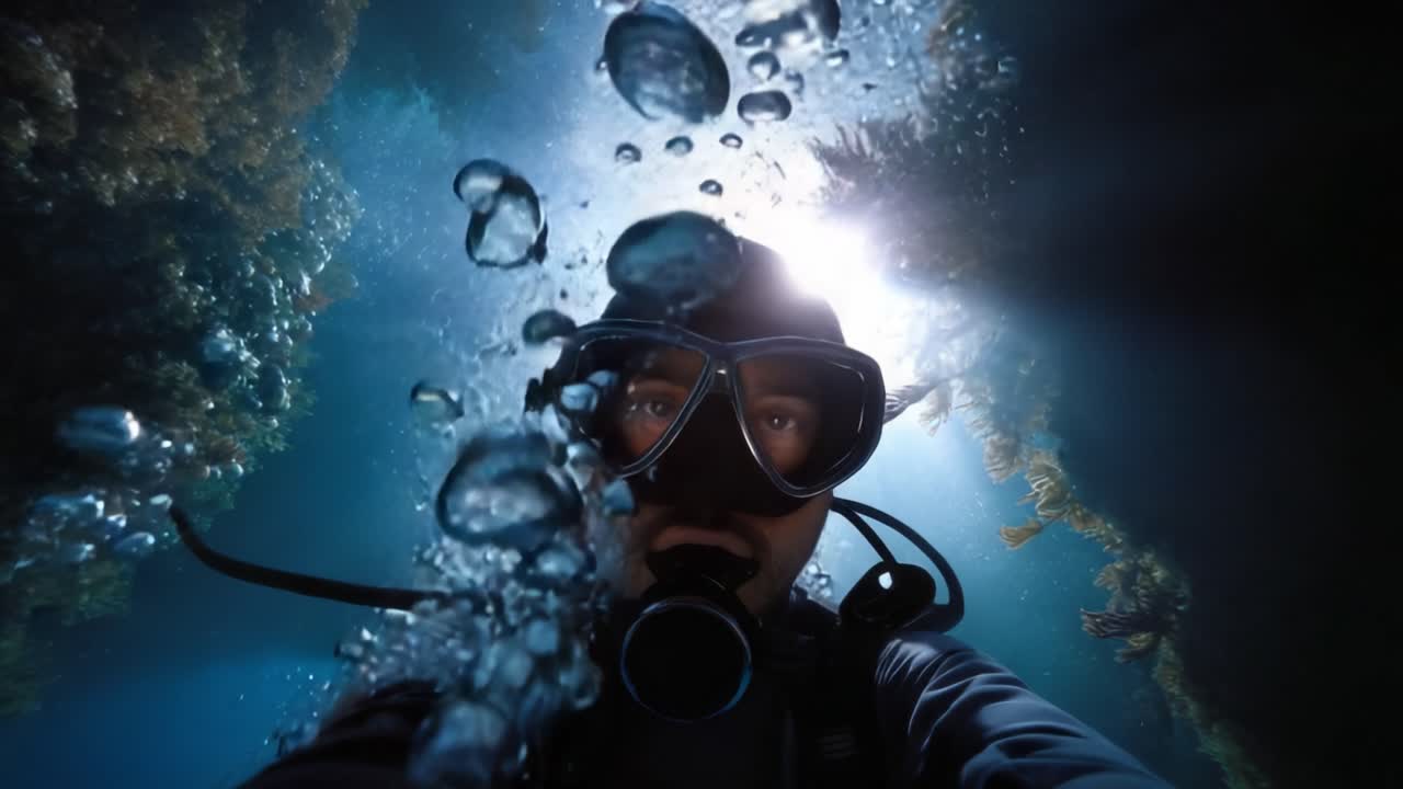 Esplorazione subacquea: un subacqueo cattura la bellezza delle profondità dell'oceano con la luce del sole che filtra attraverso l'acqua, creando un'atmosfera sognante di serenità.
