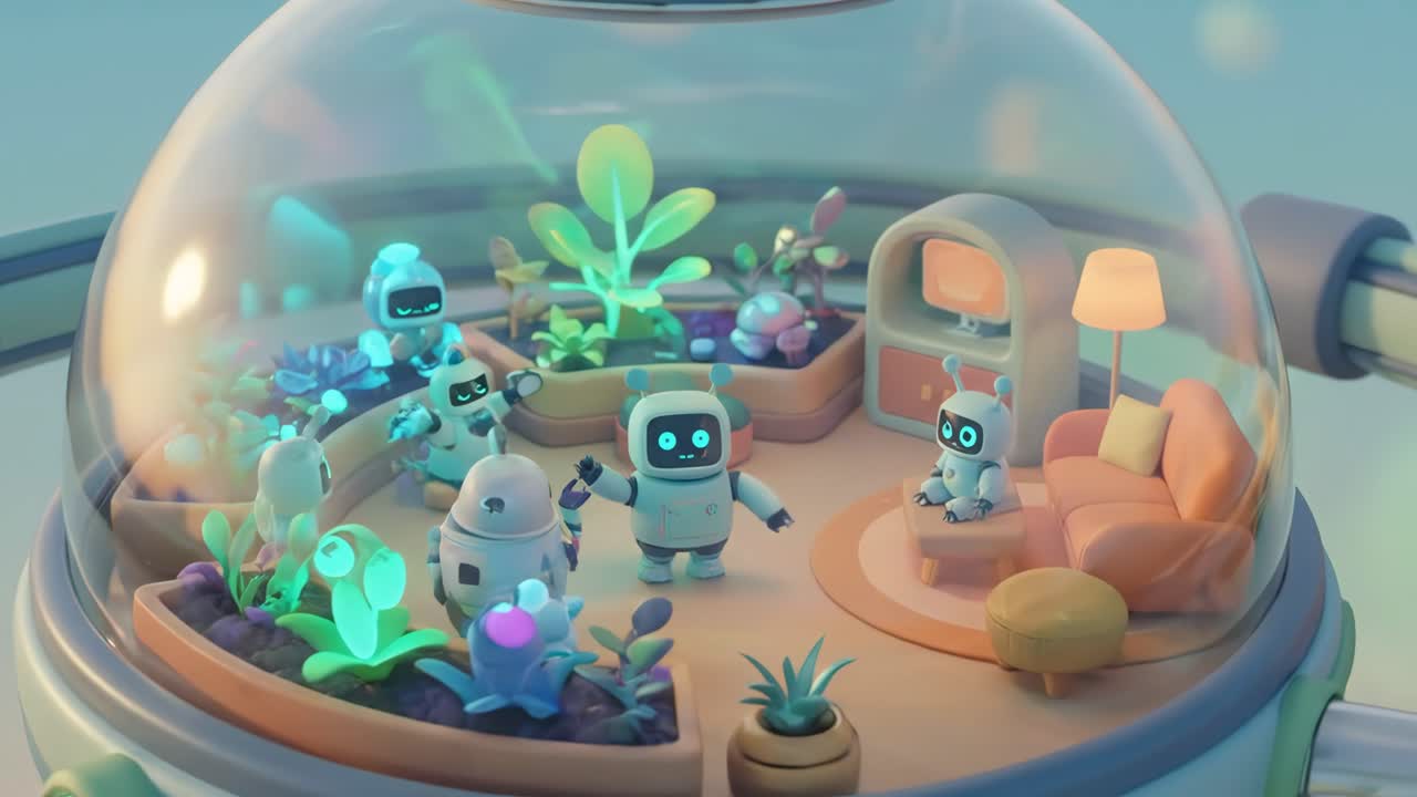 Robot animati in un habitat futuristico galleggiante con un treno in movimento