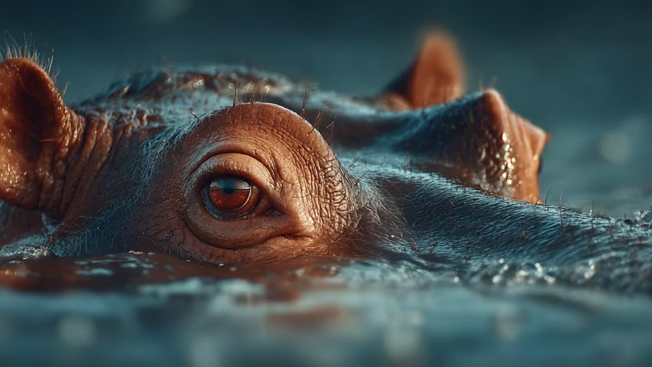 A Close-Up Look at a Hippo: The Majestic and Powerful Creature Rising Above Water with Its Eye Capturing the Essence of Beauty and Wilderness