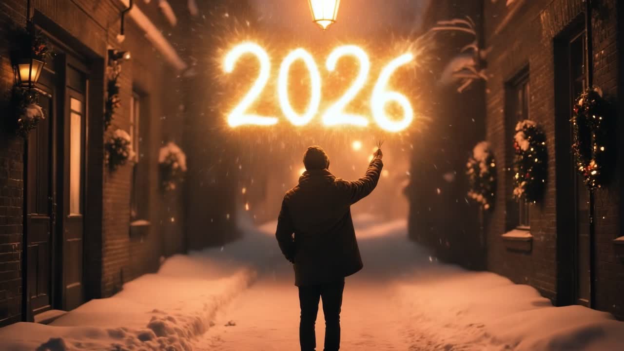 Individual dressed in warm winter attire is using sparklers to write 2026 in the air, surrounded by snow-covered ground and festive decorations, creating a magical winter atmosphere
