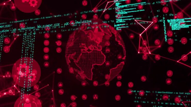 Cyan code appearing wireframe globe shifting beneath code, icons sliding showing world network data