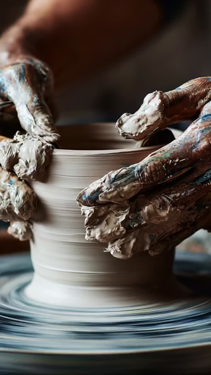 Ein Meisterwerk erschaffen: Kunstfertigkeit in Ton, während Hände mit Leidenschaft und Geschick ein Töpfergefäß auf der Drehscheibe formen und so die Essenz traditioneller Handwerkskunst einfangen