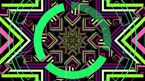 Animation-Eines-Grünen-Rings-über-Kaleidoskopischen-Sternformen-In-Grün,-Lila-Und-Rosa