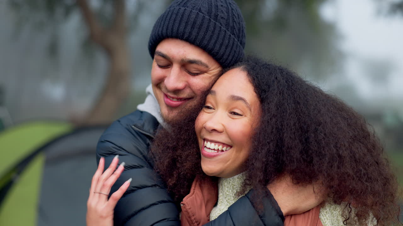 Love, hug and a couple in nature for camping