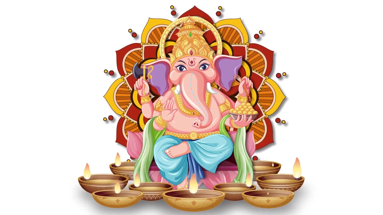 Ganesha em estilo desenho animado aparece com uma mandala giratória e lamparinas a óleo tremeluzentes em um fundo branco.
