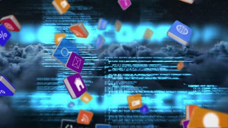 iconos en línea y de aplicaciones en cuadrados y códigos de programas en el cielo