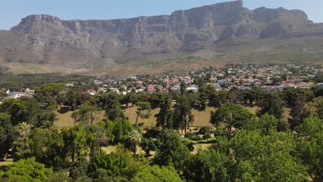 vista aérea de la zona suburbana escondida detrás de los árboles en la base de la montaña de la mesa, ciudad del cabo, sudáfrica